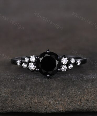 Vintage black onyx engagement ring black gold ring art deco moissanite cluster ring round cut bridal ring unique anniversary promise ring