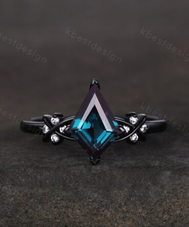 Unique twig alexandrite engagement ring black gold kite cut engagement ring art deco twisted moissanite wedding ring anniversary ring gift
