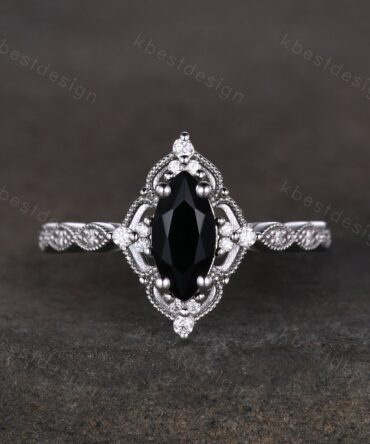 Vintage black onyx engagement ring 14k white gold ring unique marquise cut black onyx ring antique moissanite ring for women platinum ring