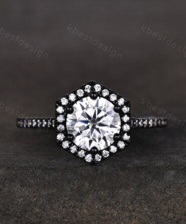 1.2ct round cut moissanite engagement ring unique black gold hexagon halo ring vintage 6 prong engagement ring bridal promise ring