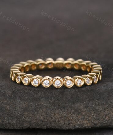 1.5mm round cut Moissanite wedding band yellow gold bezel set wedding band unique stacking matching band colorless moissanite ring for her