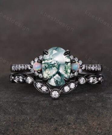 Vintage moss agate engagement ring set black gold green moss agate ring unique curved Moissanite stacking band oval cut bridal wedding set