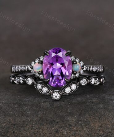 Vintage amethyst engagement ring set black gold purple amethyst ring unique curved Moissanite stacking band oval cut bridal wedding set