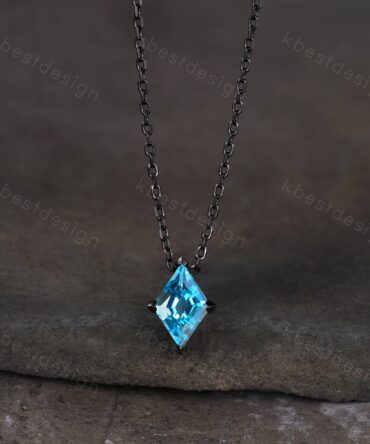 Unique lozenge cut blue topaz necklace black gold Swiss blue topaz necklace for women dainty personalized pendant anniversary bridal gift