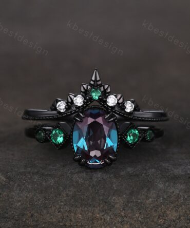 Vintage Alexandrite engagement ring set black gold oval cut alexandrite ring art deco moissanite stacking ring unique bridal promise ring