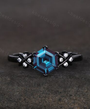 Hexagon cut alexandrite engagement ring black gold ring unique twig moissanite ring art deco 6 prong ring vintage bridal promise ring