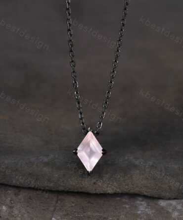 Black Gold Rose Quartz Necklace Sterling Silver Black Rhodium Necklace Women Lozenge cut Necklace Unique Personalized Pendant Gift for Her
