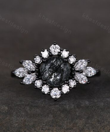 Vintage black rutilated quartz engagement ring black gold ring unique marquise moissanite halo engagement ring cluster wedding bridal ring