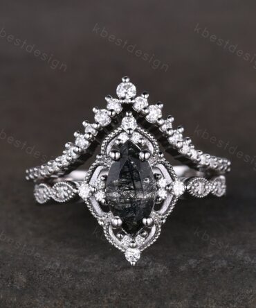 Vintage black rutilated quartz engagement ring silver art deco curved stacking band marquise cut bridal set unique moissanite wedding set