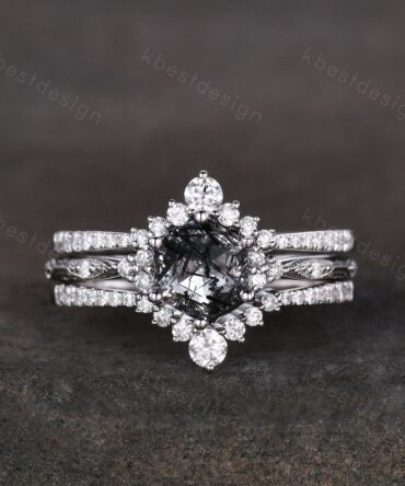 3pcs hexagon cut black rutilated quartz engagement ring silver art deco moissanite ring women stacking matching band unique wedding ring set