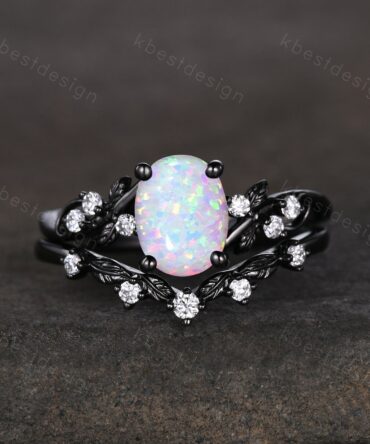 Vintage oval white opal engagement ring set black gold twig leaf moissanite ring nature branch ring unique art deco bridal wedding ring set