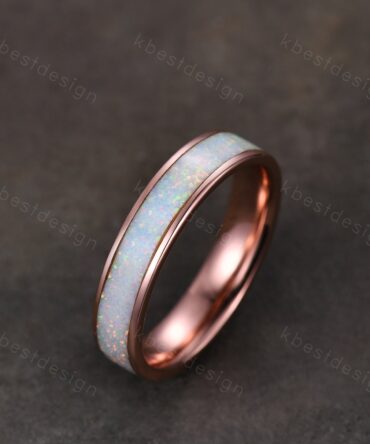 Vintage White Fire Opal Inlay 4mm Wedding Band Rose Gold Eternity Band Opal Wedding Ring For Men For Women October Ring Anniversary Ring