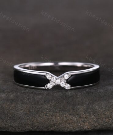 Unique Black Onyx Wedding Band 925 Silver Black Onyx Rings Moissanite Wedding Band Half Eternity Band Vintage Bridal Anniversary Ring