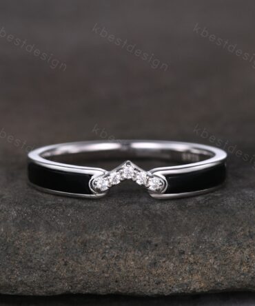 Curved Black Onyx Wedding Band Silver White Gold Ring Unique V Curved Stacking Matching Band Half Eternity Band Anniversary Gift for Her