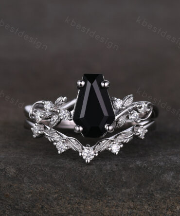 Vintage coffin cut black onyx engagement ring set silver twig leaf moissanite ring nature branch ring unique bridal wedding ring set