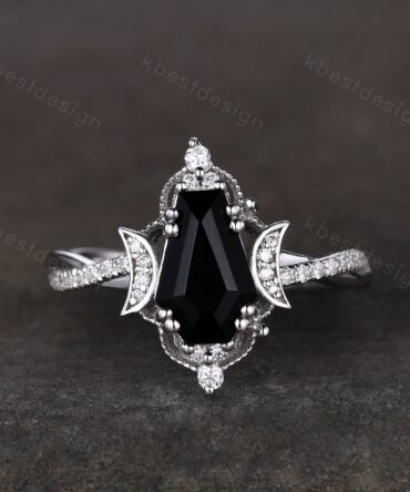 Vintage black onyx engagement ring silver coffin cut engagement ring unique moon goddess ring art deco twisted band moissanite bridal ring