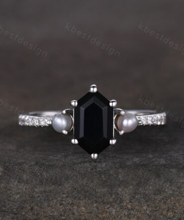 Vintage black onyx ring silver gold ring retro hexagon cut engagement ring unique pearl three stone ring unique black gemstone promise ring