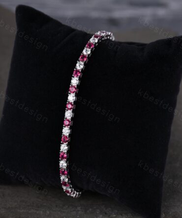 3mm Diamond Ruby Tennis Bracelet, 6.00TCW Round Cut Bracelet for Women, Wedding Jewelry, Dainty Silver Bracelet, Sparkling Diamond Chain