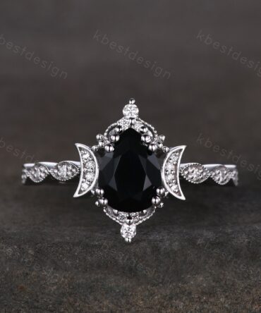Vintage black onyx engagement ring pear cut ring silver unique moon style ring art deco moissanite wedding ring promise anniversary ring