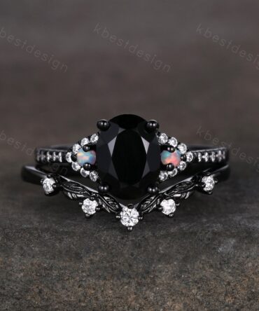Vintage black onyx engagement ring set black gold oval cut bridal wedding set leaf style stacking ring unique art deco moissanite ring set