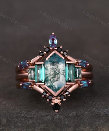 Vintage moss agate engagement ring Set Unique rose gold baguette cut emerald ring Retro Double curved Alexandrite wedding band Bridal ring