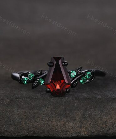Coffin cut garnet engagement ring Gothic Black gold ring Art deco leaf design emerald wedding ring nature inspired ring bridal promise ring