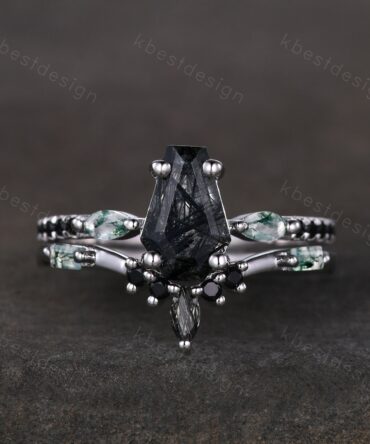 Coffin shaped black rutilated quartz engagement ring set unique curved moss agate wedding ring black ring vintage bridal wedding ring set