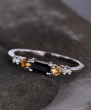 Unique black onyx wedding band sterling silver baguette cut band dainty citrine wedding ring gemstone stacking matching band gift for her