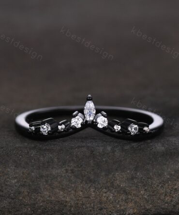 Curved moissanite wedding band black gold ring for women unique marquise cut stacking matching band delicate chevron ring anniversary ring