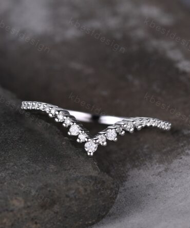 Unique curved moissanite wedding band dainty white gold band for women half eternity stacking matching band bridal anniversary band gift