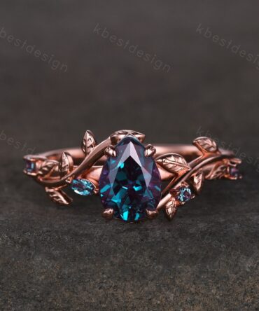 Vintage pear cut alexandrite engagement ring rose gold art deco leaf branch ring natural inspired ring unique bridal promise ring