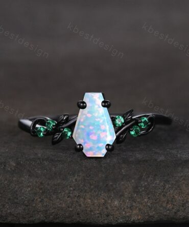 Coffin cut white opal engagement ring Black gold ring Art deco leaf design emerald wedding ring October birthstone bridal promise ring