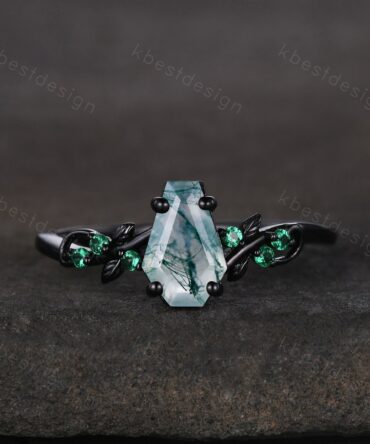 Green moss agate engagement ring Black gold ring Art deco leaf design emerald wedding ring unique coffin cut ring bridal promise ring