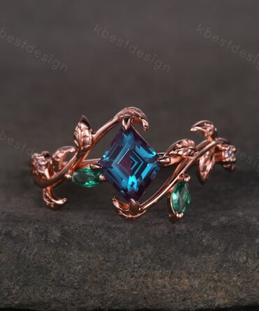 Lozenge cut Alexandrite engagement ring rose gold Art deco leaf design ring marquise cut emerald ring unique twig branch ring promise ring