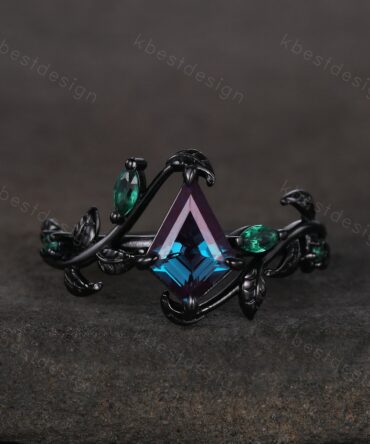 Kite cut Alexandrite engagement ring black gold ring Art deco twig leaf ring unique marquise cut emerald wedding ring bridal promise ring