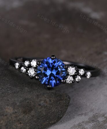 1ct round cut blue sapphire engagement ring unique black gold moissanite ring for women art deco cluster wedding ring bridal promise ring