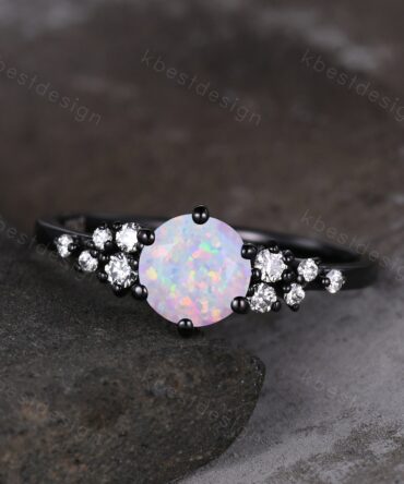 Round cut white fire opal engagement ring black gold engagement ring for women art deco moissanite ring unique anniversary promise ring