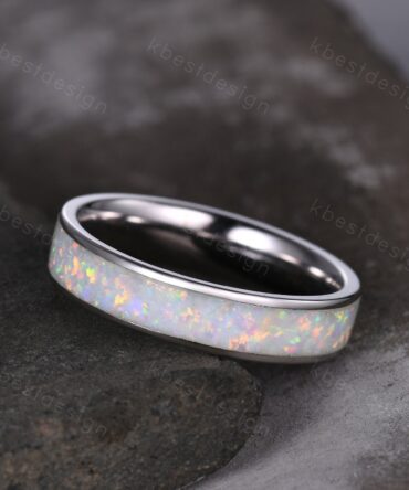 Vintage White Fire Opal Wedding Band 4mm Opal Stacking Band Silver Eternity Band Opal Wedding Ring For Women October Ring Anniversary Gift