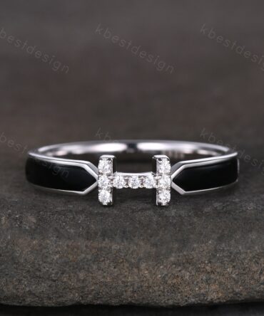 Black Onyx Moissanite Wedding Band Unique Silver Stacking Matching Band Personalized Letters Wedding Band Mothers Ring H Letter Rings