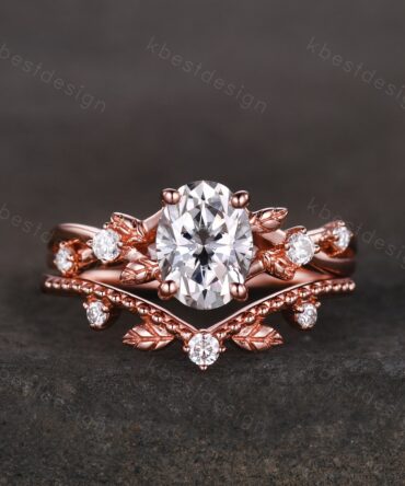 Vintage oval moissanite engagement ring set rose gold twig leaf stacking ring nature branch ring unique art deco bridal wedding ring set