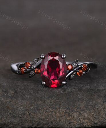 Vintage oval ruby engagement ring Black gold ring Art deco leaf design garnet wedding ring nature inspired ring bridal promise ring gift