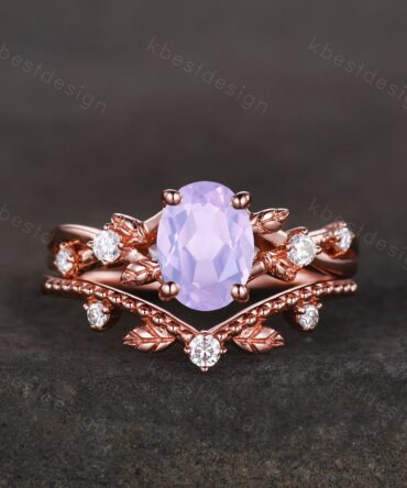 Oval cut lavender amethyst engagement ring set vintage rose gold twig leaf moissanite ring nature vine ring art deco bridal wedding ring set