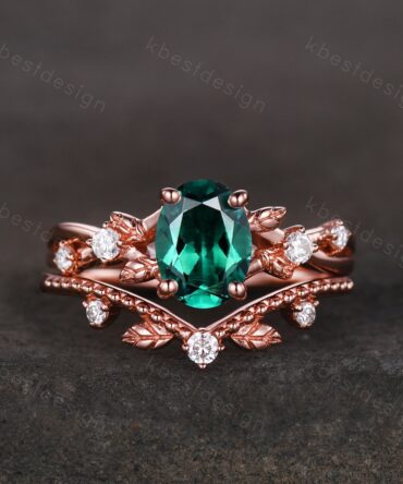 Vines green emerald engagement ring set vintage art deco nature inspired ring rose gold oval cut bridal set unique moissanite wedding rings