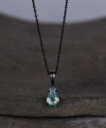Unique coffin cut green moss agate necklace black gold necklace delicate green agate jewelry minimalist anniversary gift for women