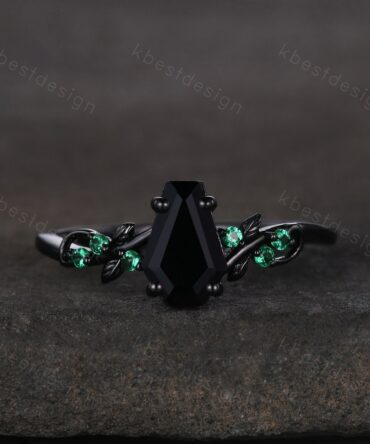 Coffin cut black onyx engagement ring Black gold ring Art deco leaf design emerald wedding ring nature inspired ring bridal promise ring