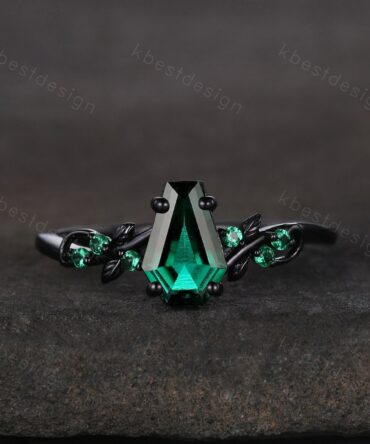 Vintage coffin green emerald engagement ring black gold twig leaf emerald wedding ring nature inspired ring art deco bridal promise ring