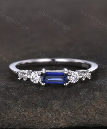 Baguette cut Blue Sapphire Wedding Band Unique 6 Stone Wedding Band Antique Moissanite Ring Minimalist Bridal Matching Stackable band