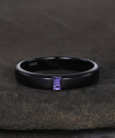 Mens Amethyst wedding band Baguette cut Amethyst wedding band black gold ring minimalist stacking band for Men for Women retro vintage ring