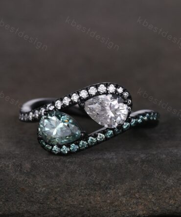 Toi et Moi Ring, Pear Green Moissanite Engagement Ring, Infinity Black Gold Ring, Double Moissanite Ring, Two Stone Ring, Promise Ring