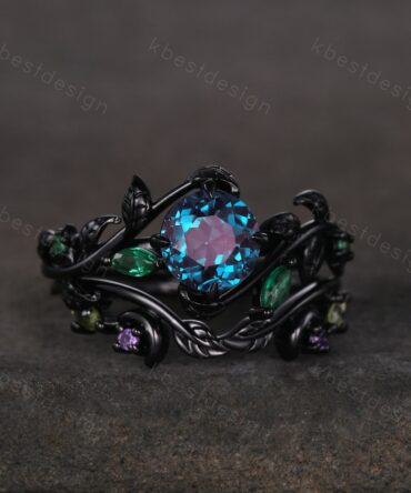 Vintage round cut alexandrite engagement ring black gold art deco cluster leaf wedding ring set nature inspired bridal promise ring for her